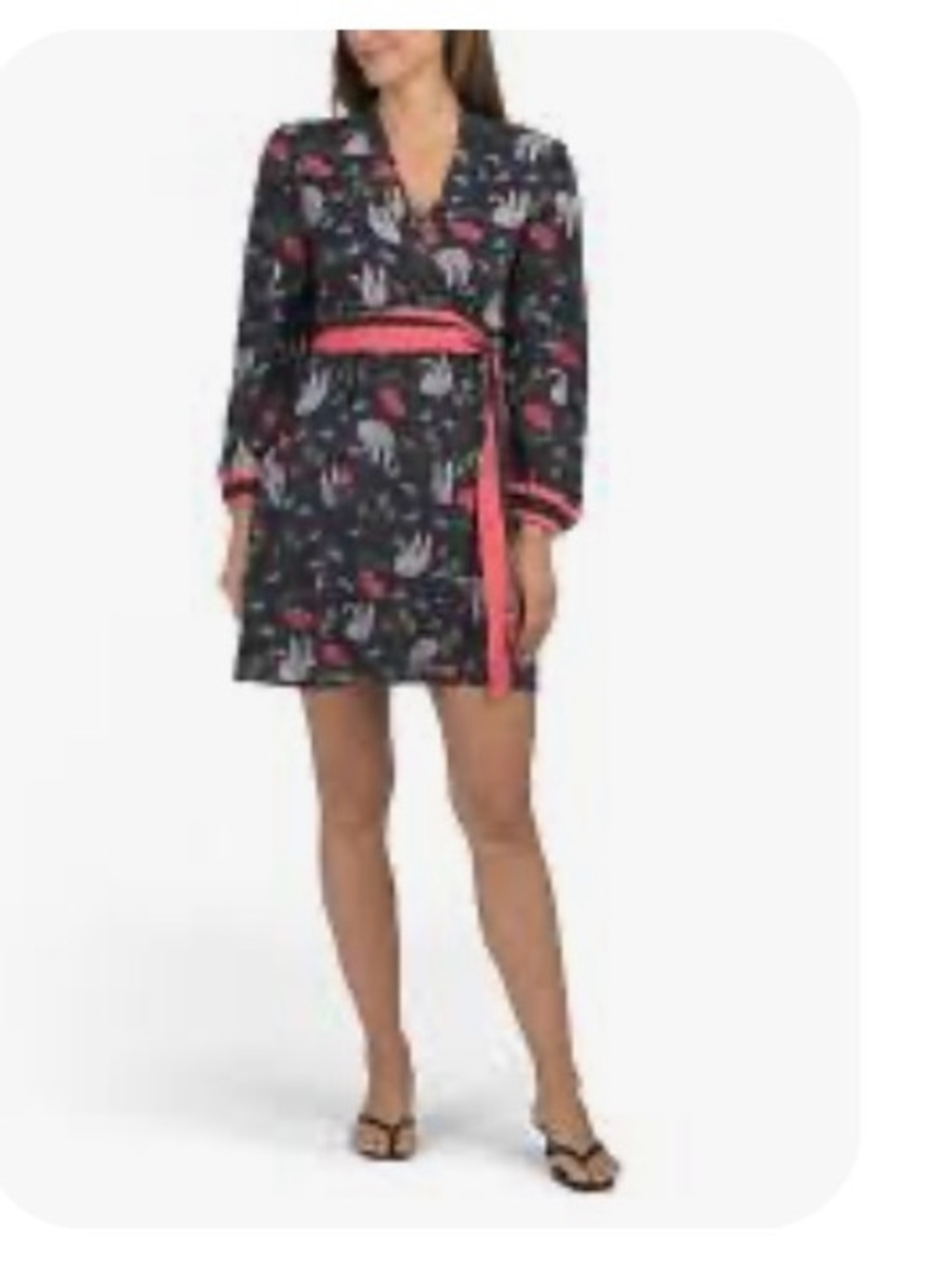 CELINA MOON coral and navy swan print Mini wrap Dress with tie
